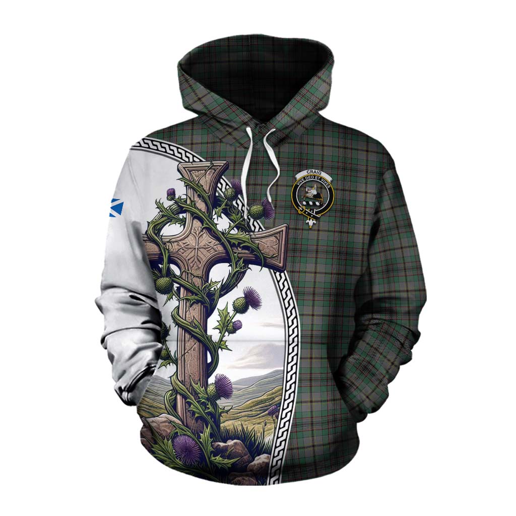 Tartan Vibes Clothing Craig Tartan Cotton Hoodie with Family Crest and St. Andrew's Cross Accented by Thistle Vines