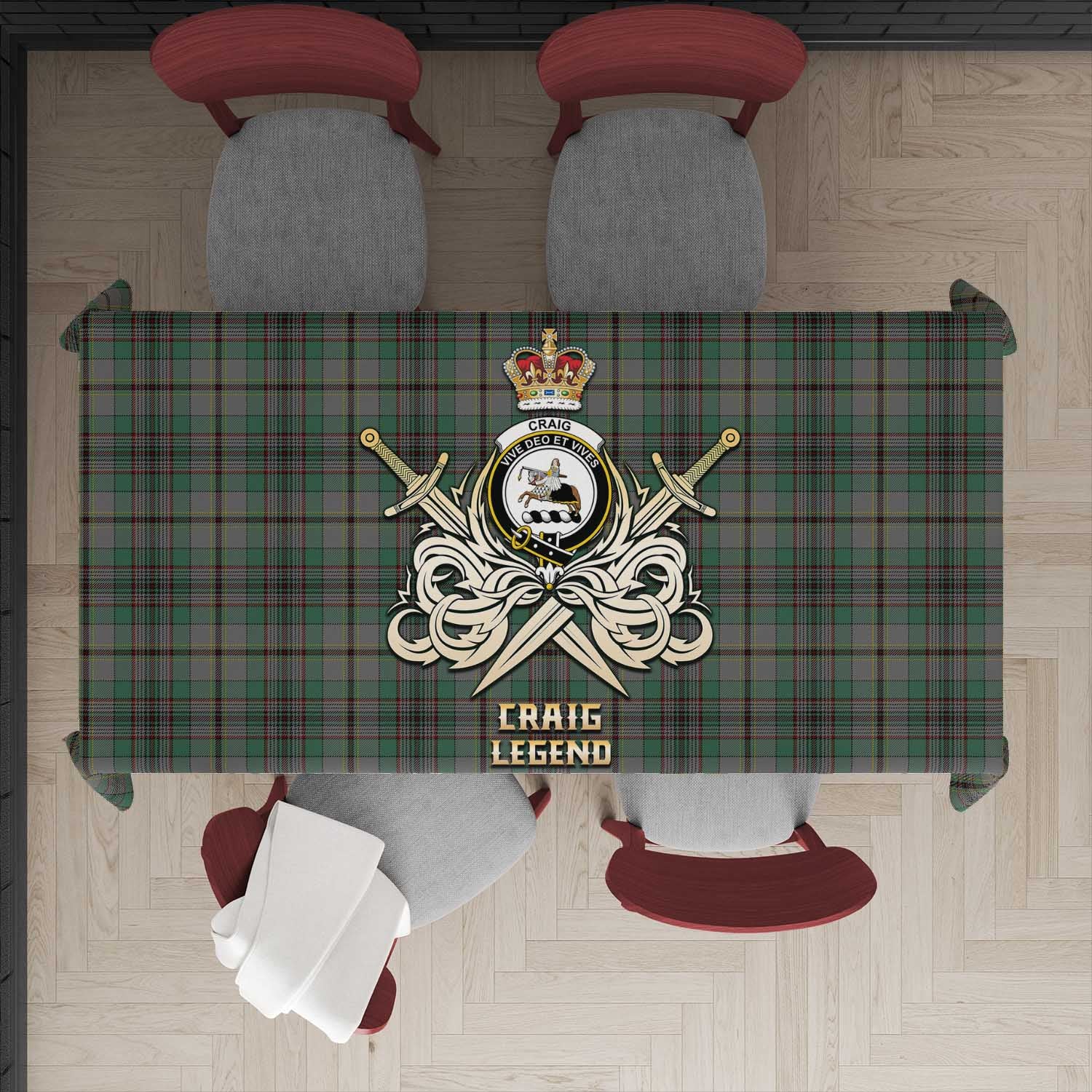 Tartan Vibes Clothing Craig Tartan Tablecloth with Clan Crest and the Golden Sword of Courageous Legacy