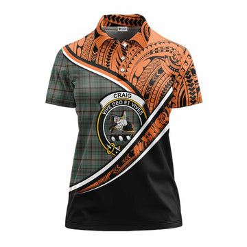 Craig Crest Tartan Women's Polo Shirt with Polynesian Vibes Style - Orange Version