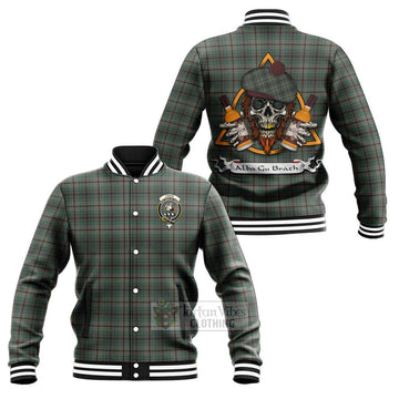 Craig Tartan Baseball Jacket with Family Crest and Bearded Skull Holding Bottles of Whiskey