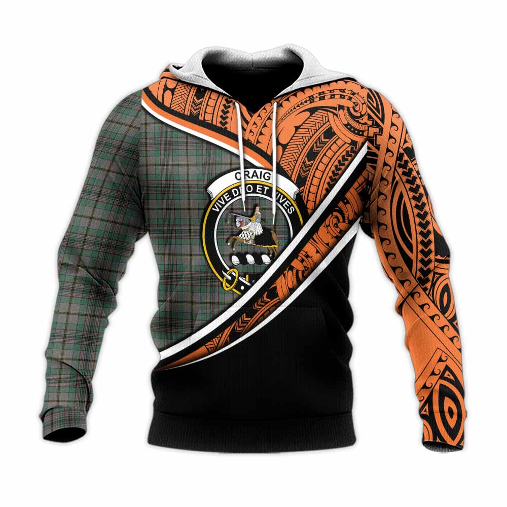 Tartan Vibes Clothing Craig Crest Tartan Knitted Hoodie with Maori Tattoo Style - Orange Version