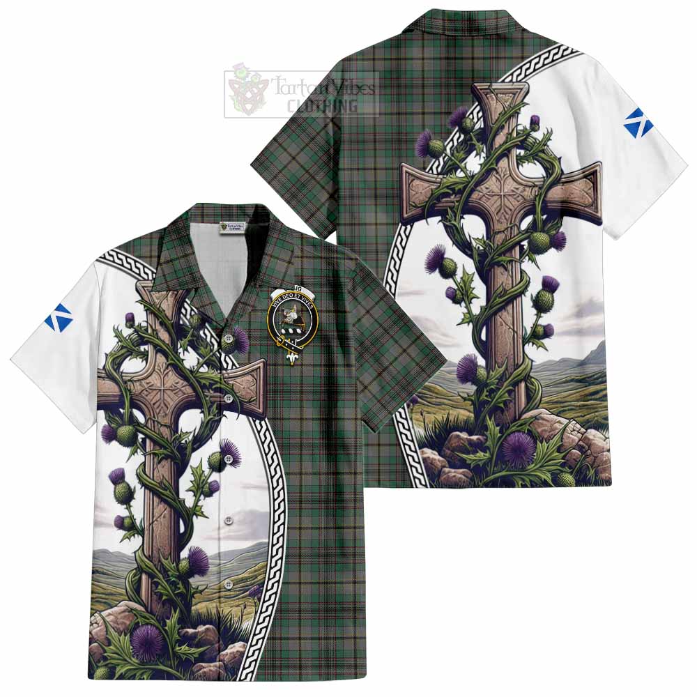 Tartan Vibes Clothing Craig Tartan Short Sleeve Button Shirt with Family Crest and St. Andrew's Cross Accented by Thistle Vines