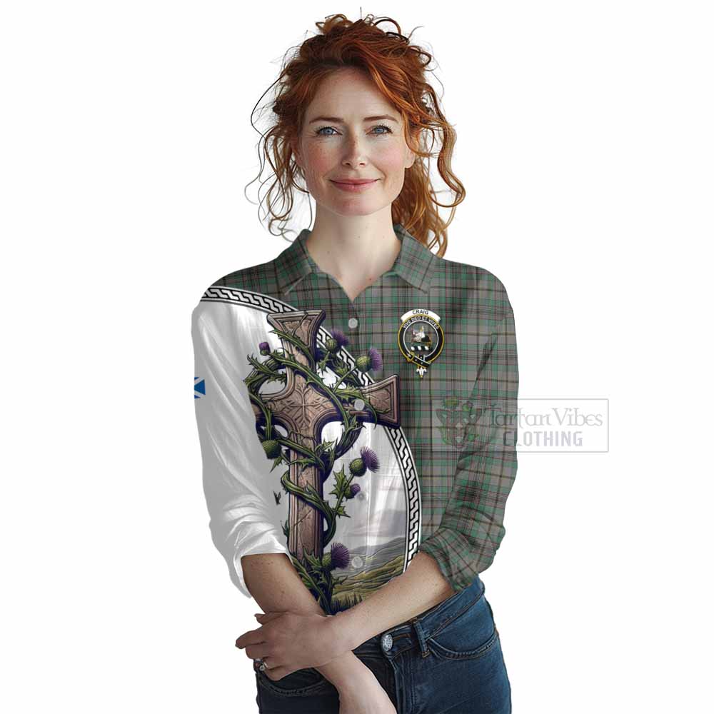 Tartan Vibes Clothing Craig Tartan Women's Casual Shirt with Family Crest and St. Andrew's Cross Accented by Thistle Vines