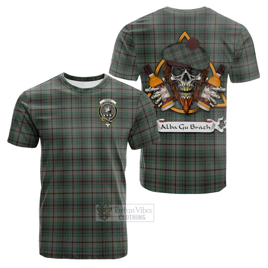 Tartan Vibes Clothing Craig Tartan Cotton T-shirt with Family Crest and Bearded Skull Holding Bottles of Whiskey