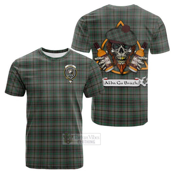 Craig Tartan Cotton T-shirt with Family Crest and Bearded Skull Holding Bottles of Whiskey