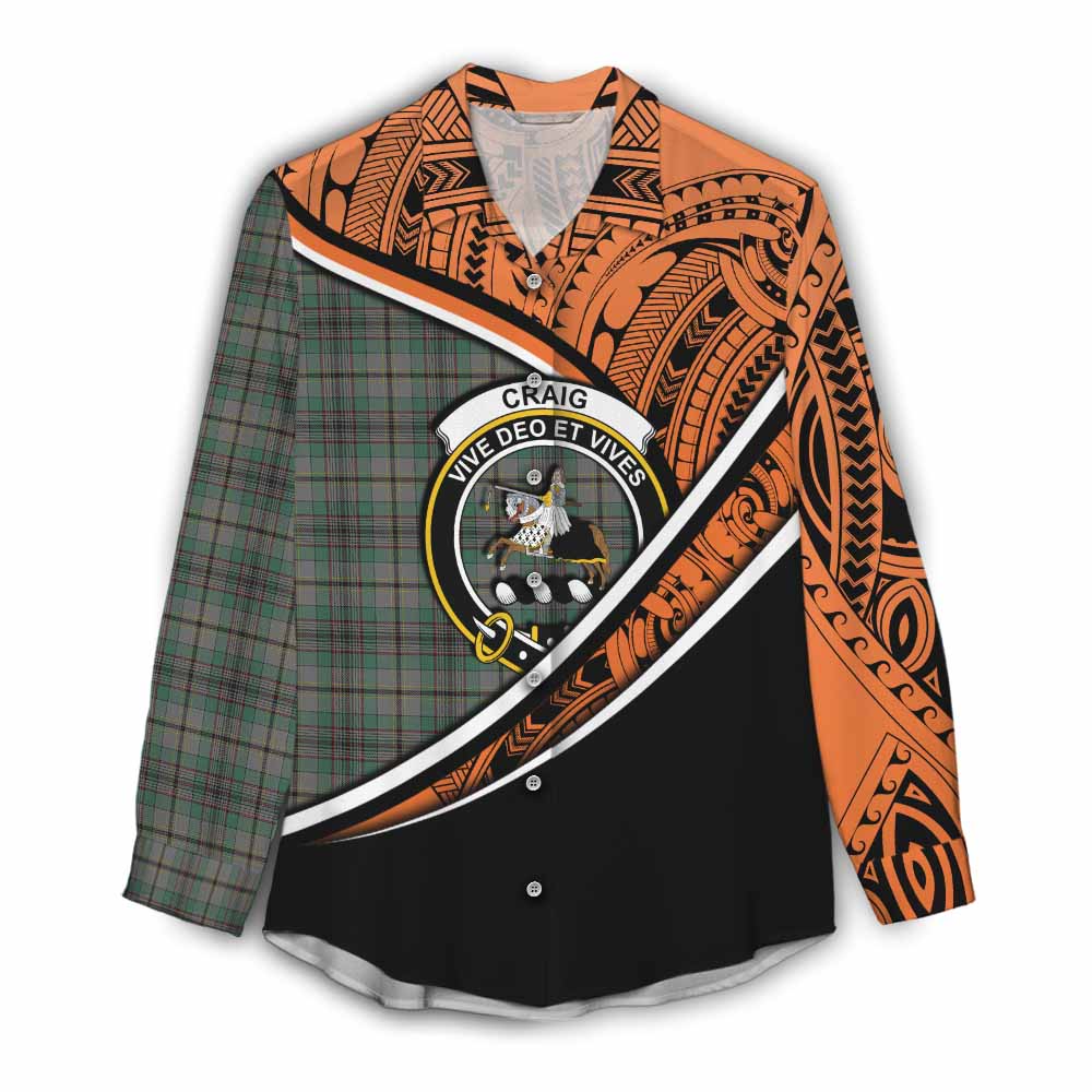 Tartan Vibes Clothing Craig Crest Tartan Women's Casual Shirt with Maori Tattoo Style - Orange Version