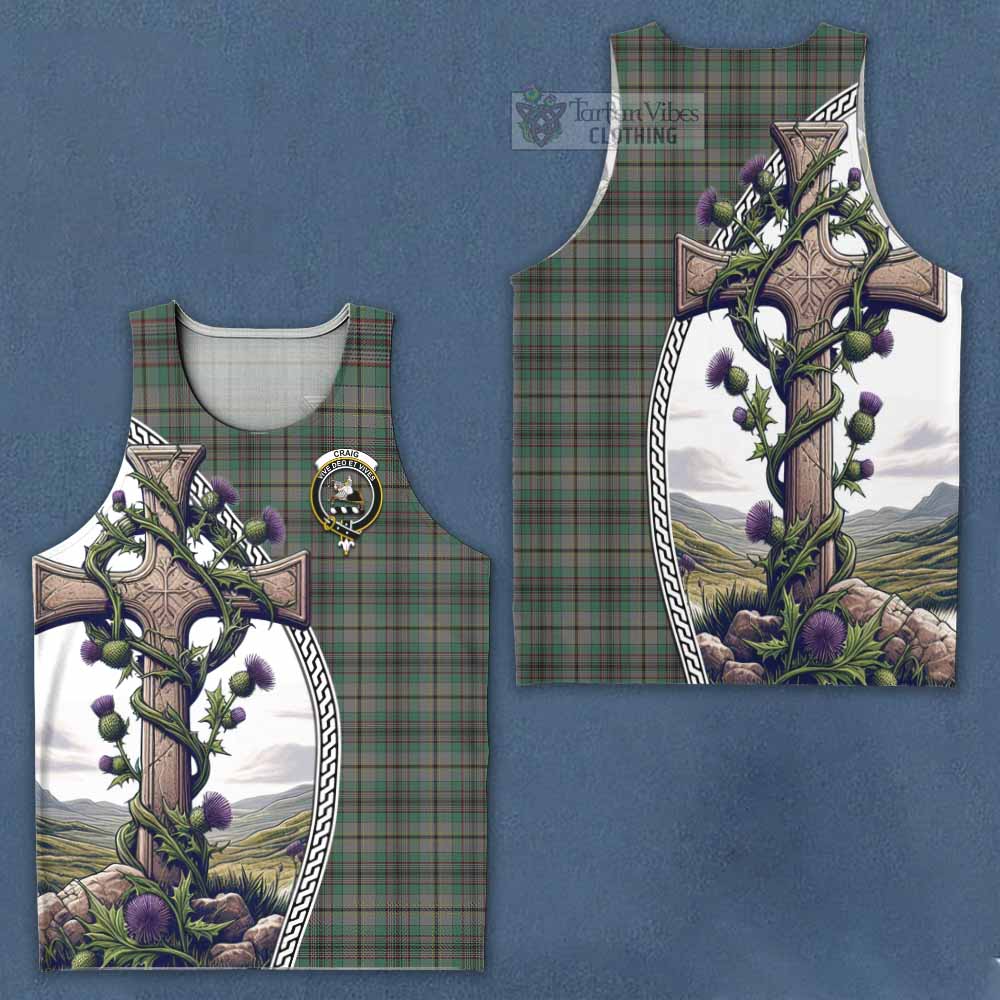 Tartan Vibes Clothing Craig Tartan Men's Tank Top with Family Crest and St. Andrew's Cross Accented by Thistle Vines