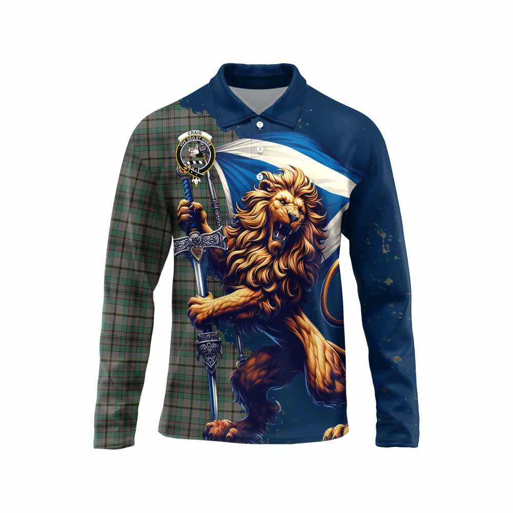 Tartan Vibes Clothing Craig Tartan Family Crest Long Sleeve Polo Shirt with Scottish Majestic Lion