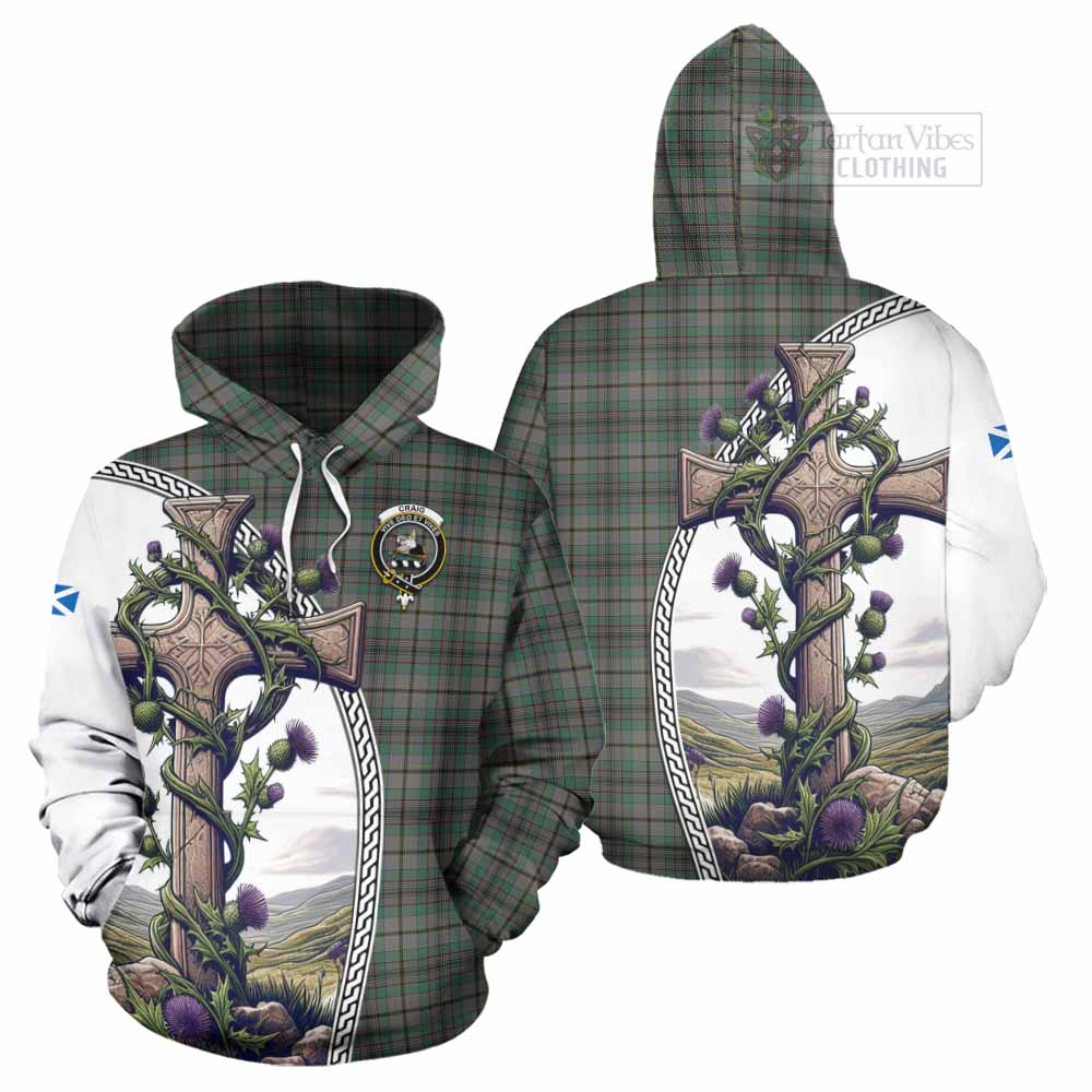 Tartan Vibes Clothing Craig Tartan Hoodie with Family Crest and St. Andrew's Cross Accented by Thistle Vines