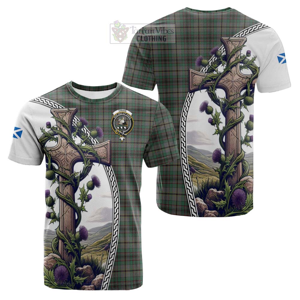 Tartan Vibes Clothing Craig Tartan Cotton T-shirt with Family Crest and St. Andrew's Cross Accented by Thistle Vines