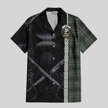 Craig Tartan Short Sleeve Button Shirt with Family Crest Cross Sword Thistle Celtic Vibes