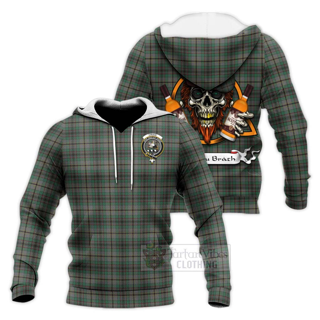 Tartan Vibes Clothing Craig Tartan Knitted Hoodie with Family Crest and Bearded Skull Holding Bottles of Whiskey