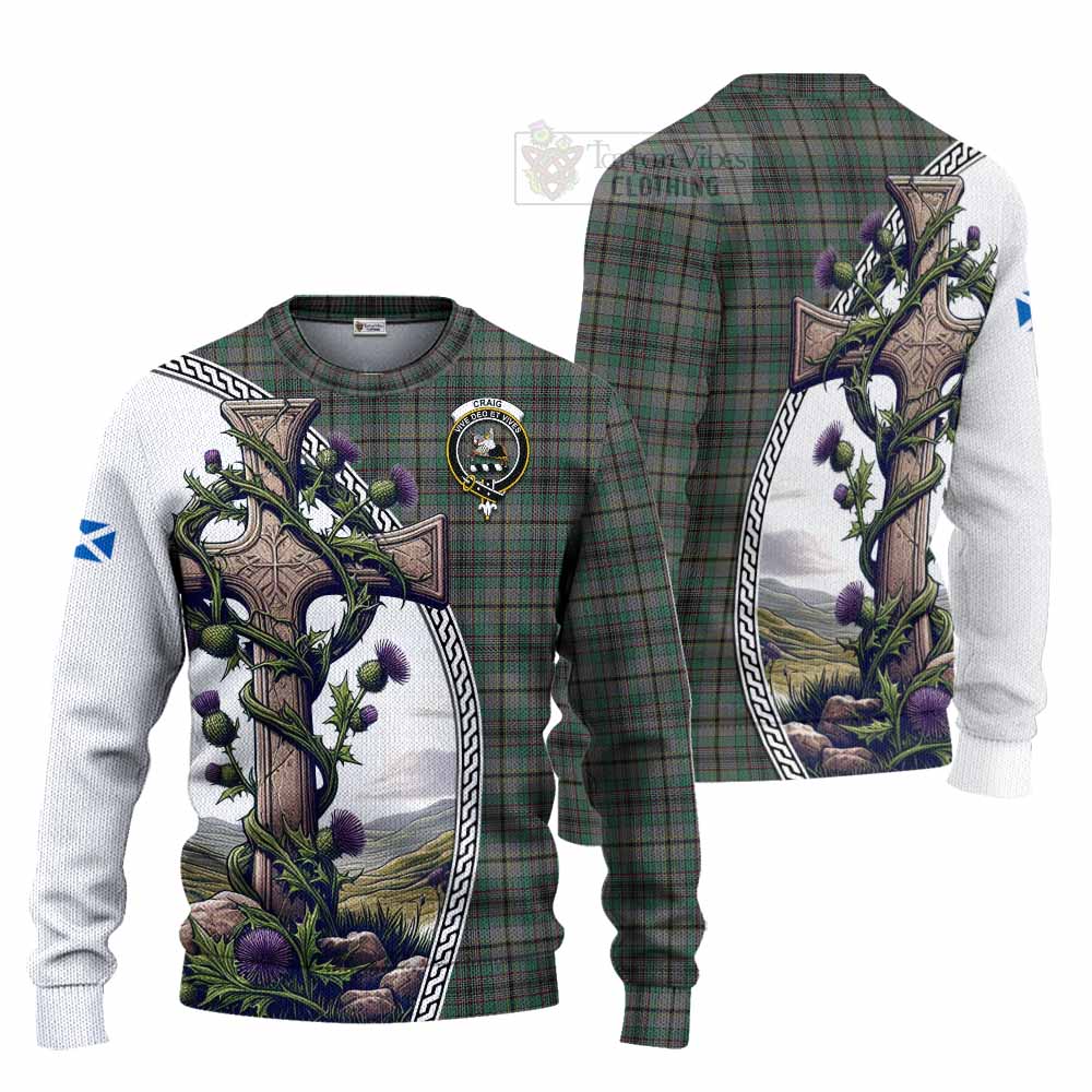 Tartan Vibes Clothing Craig Tartan Knitted Sweater with Family Crest and St. Andrew's Cross Accented by Thistle Vines