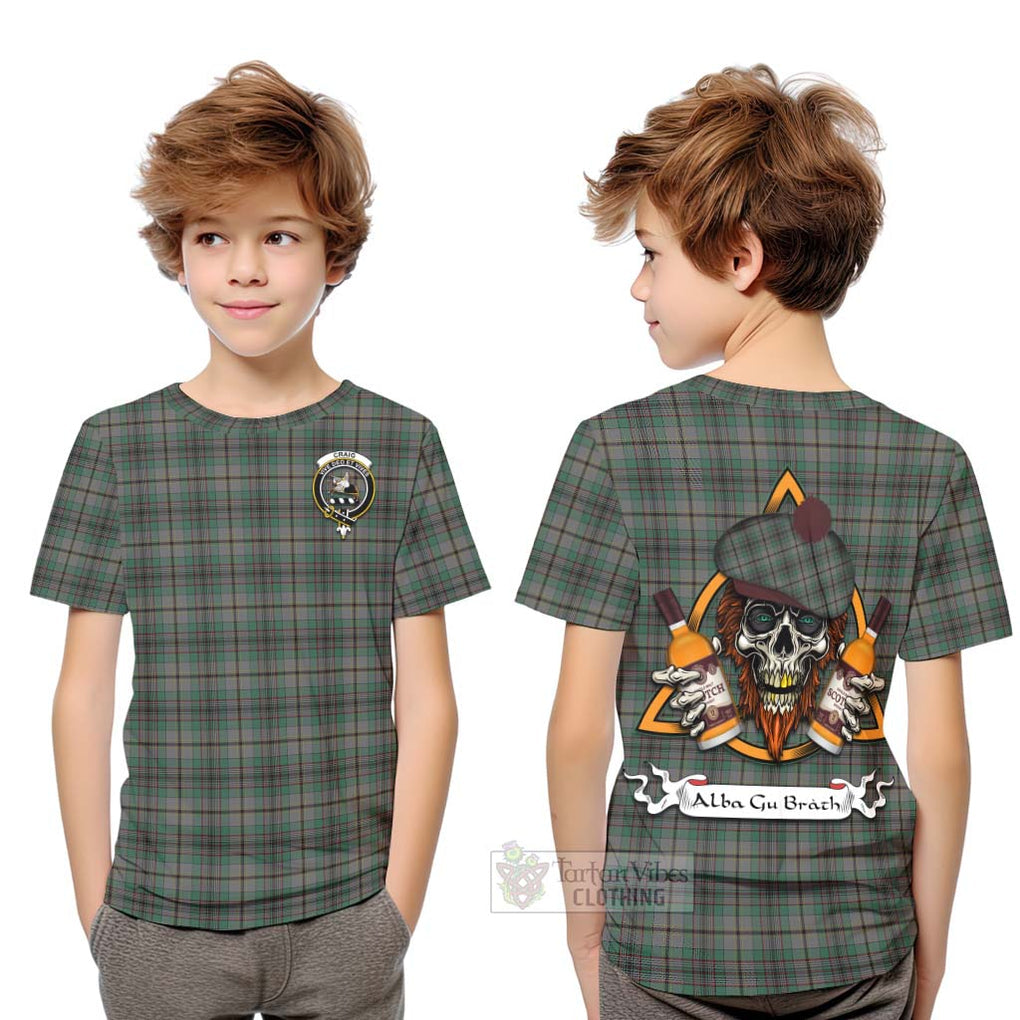 Tartan Vibes Clothing Craig Tartan Kid T-Shirt with Family Crest and Bearded Skull Holding Bottles of Whiskey