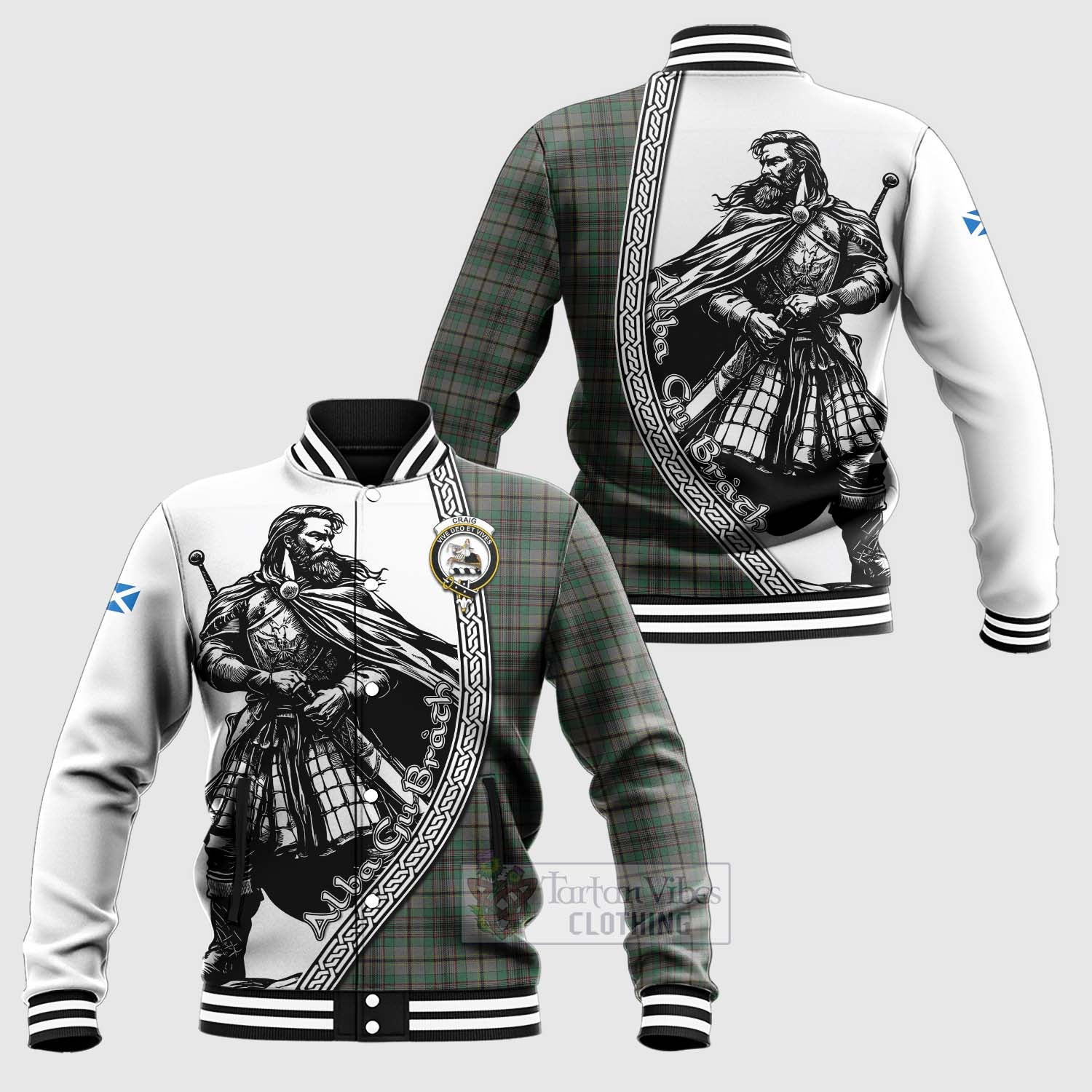 Tartan Vibes Clothing Craig Tartan Clan Crest Baseball Jacket with Highlander Warrior Celtic Style