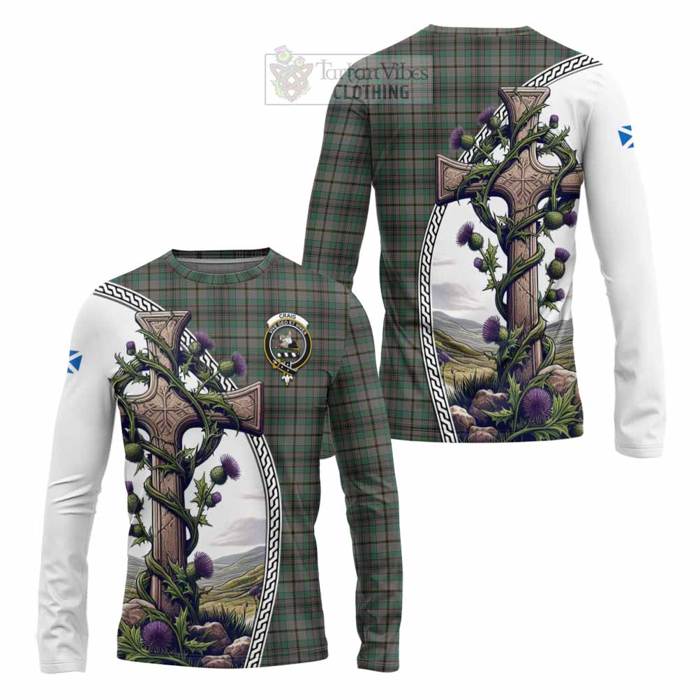 Tartan Vibes Clothing Craig Tartan Long Sleeve T-Shirt with Family Crest and St. Andrew's Cross Accented by Thistle Vines