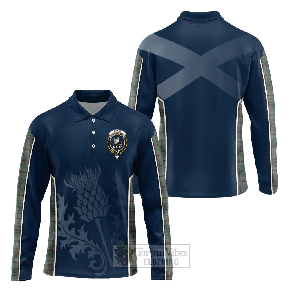 Tartan Vibes Clothing Craig Tartan Long Sleeve Polo Shirt with Family Crest and Scottish Thistle Vibes Sport Style