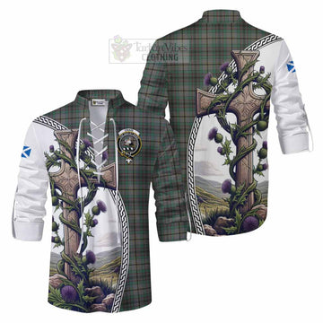 Craig Tartan Ghillie Kilt Shirt with Family Crest and St. Andrew's Cross Accented by Thistle Vines