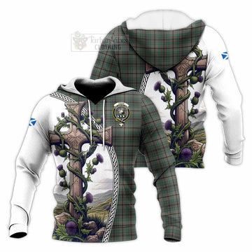 Craig Tartan Knitted Hoodie with Family Crest and St. Andrew's Cross Accented by Thistle Vines