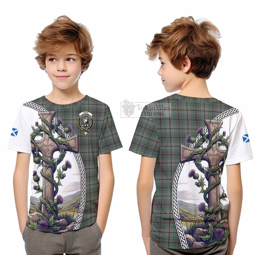 Tartan Vibes Clothing Craig Tartan Kid T-Shirt with Family Crest and St. Andrew's Cross Accented by Thistle Vines