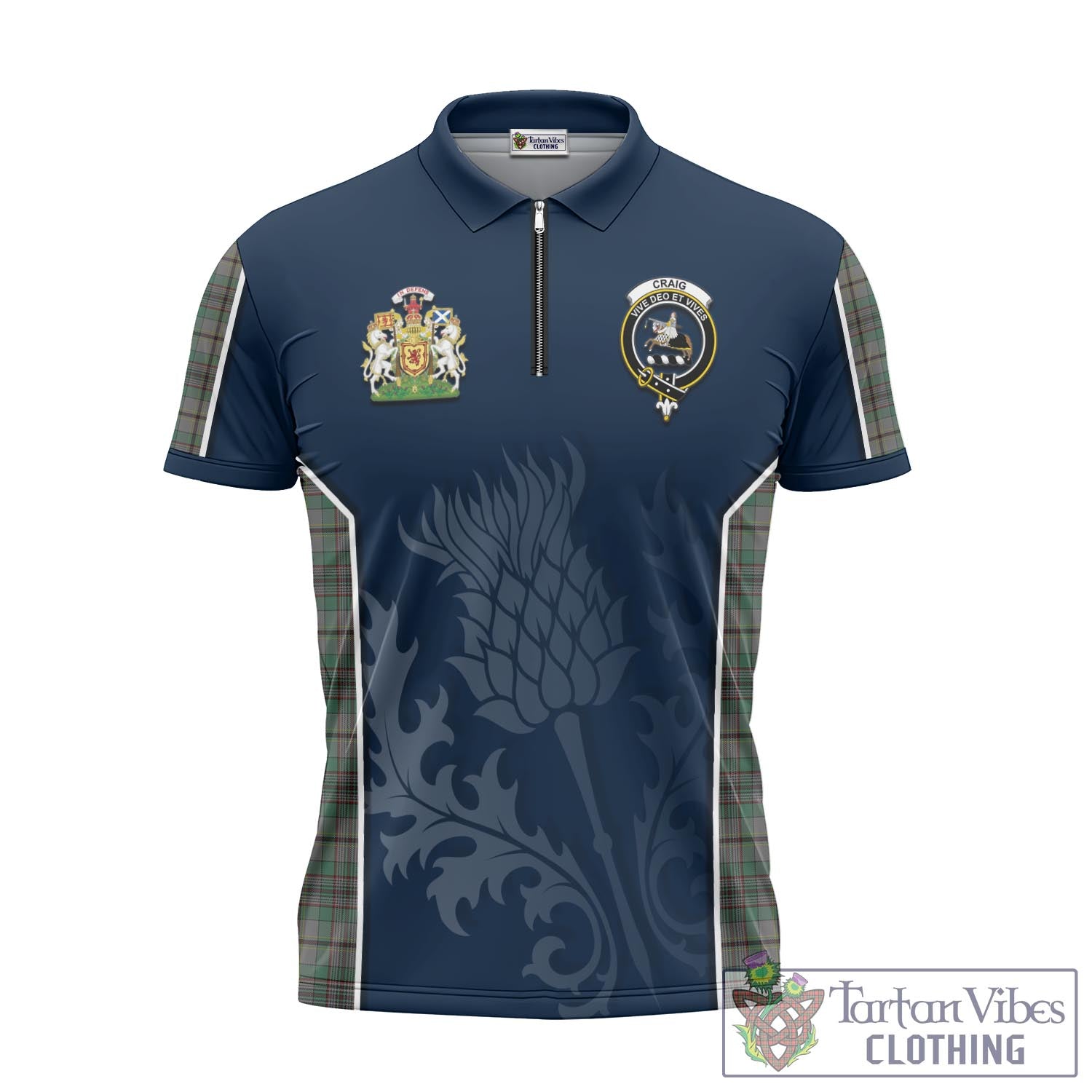 Tartan Vibes Clothing Craig Tartan Zipper Polo Shirt with Family Crest and Scottish Thistle Vibes Sport Style