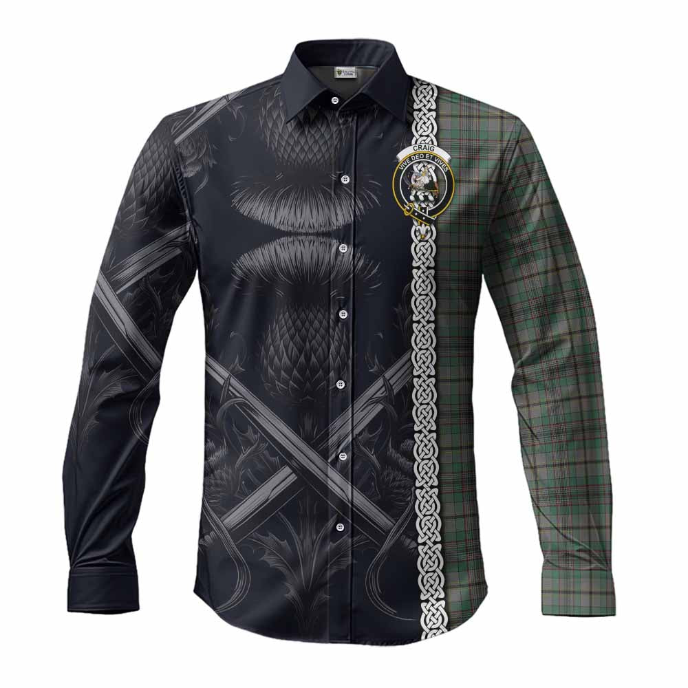 Craig Tartan Long Sleeve Button Shirt with Family Crest Cross Sword Thistle Celtic Vibes Men's Shirt S - Tartan Vibes Clothing