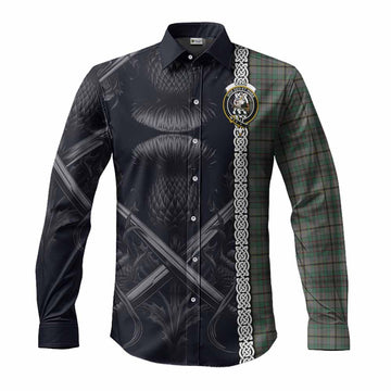 Craig Tartan Long Sleeve Button Shirt with Family Crest Cross Sword Thistle Celtic Vibes