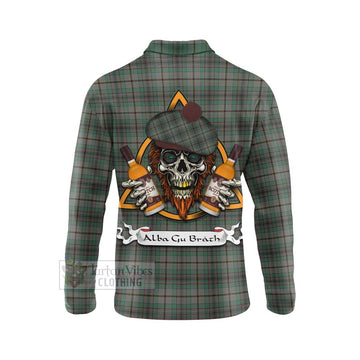 Craig Tartan Long Sleeve Polo Shirt with Family Crest and Bearded Skull Holding Bottles of Whiskey