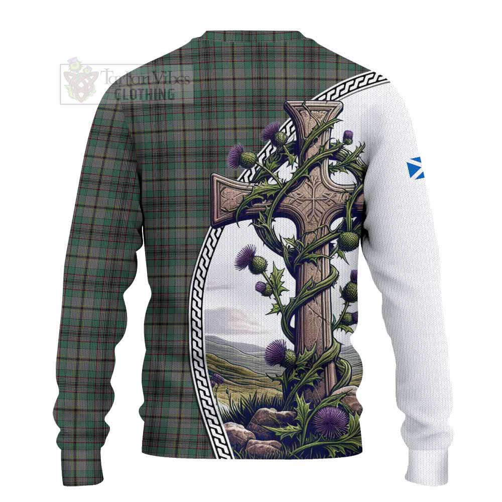 Tartan Vibes Clothing Craig Tartan Knitted Sweater with Family Crest and St. Andrew's Cross Accented by Thistle Vines