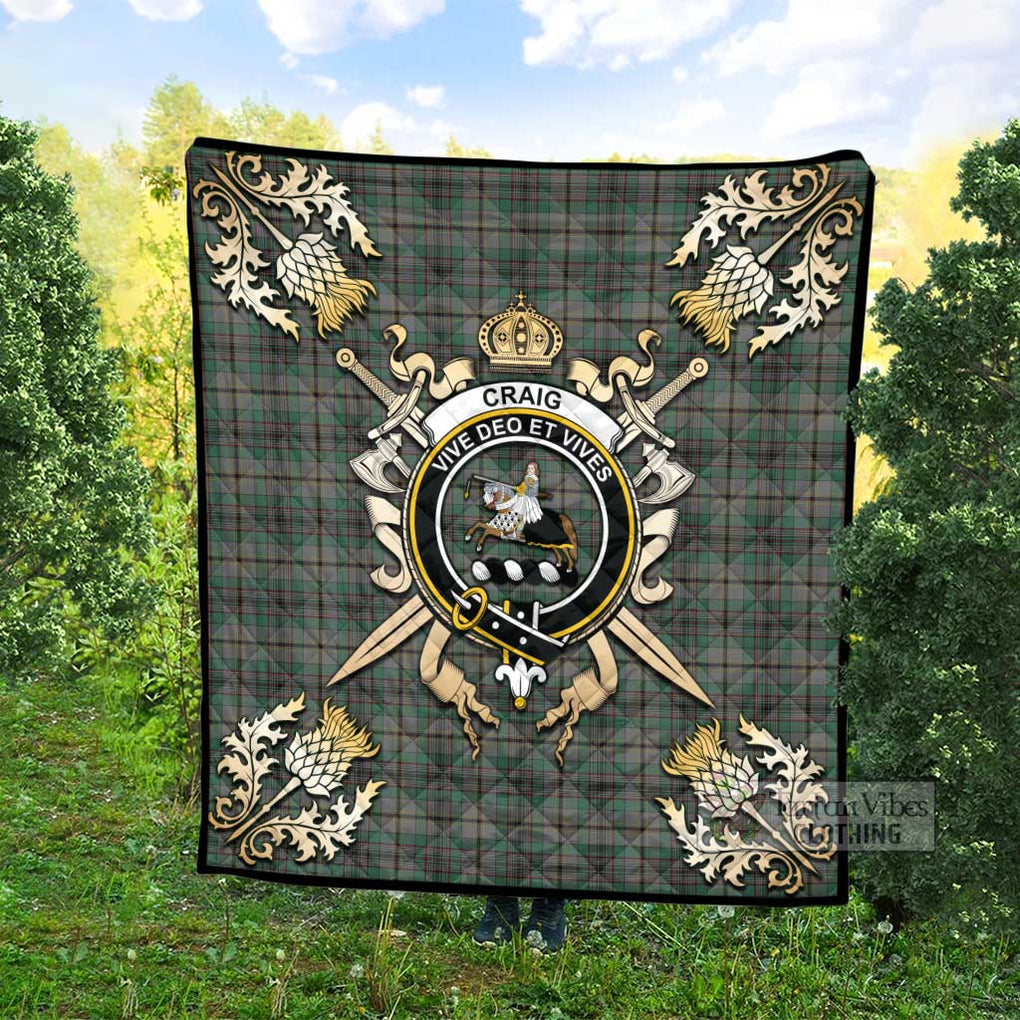 Tartan Vibes Clothing Craig Tartan Quilt with Family Crest and Scottish Golden Courage Shield