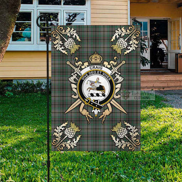 Craig Tartan Flag with Family Crest and Golden Thistle Crossed Sword Design