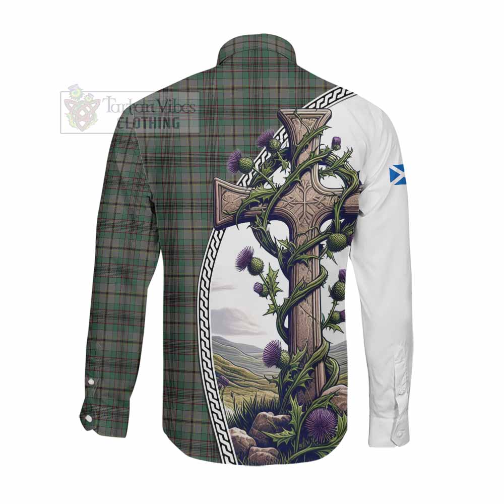 Tartan Vibes Clothing Craig Tartan Long Sleeve Button Shirt with Family Crest and St. Andrew's Cross Accented by Thistle Vines