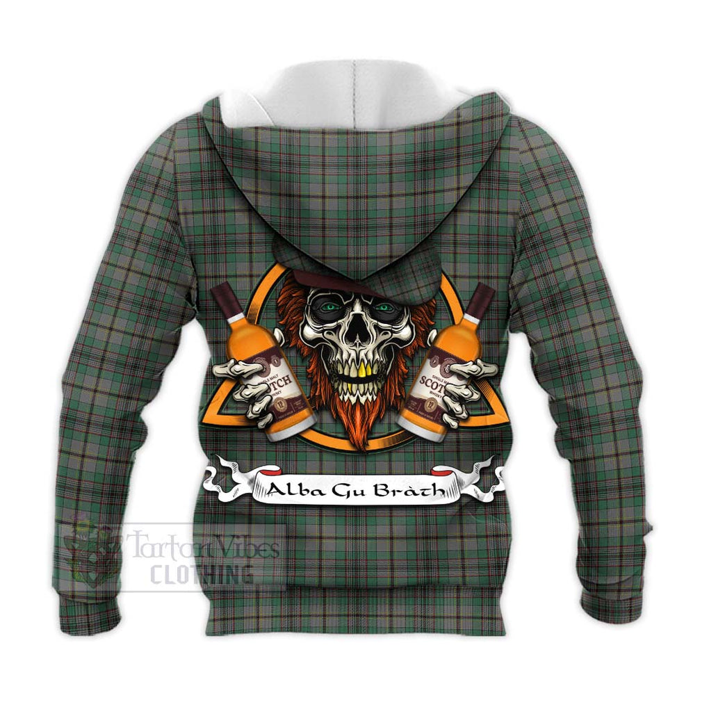 Tartan Vibes Clothing Craig Tartan Knitted Hoodie with Family Crest and Bearded Skull Holding Bottles of Whiskey