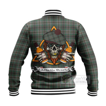 Craig Tartan Baseball Jacket with Family Crest and Bearded Skull Holding Bottles of Whiskey