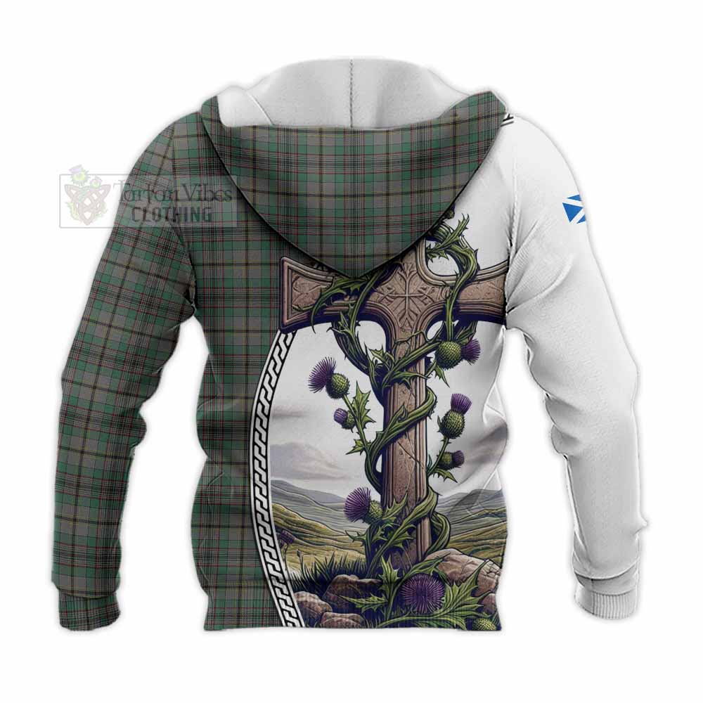 Tartan Vibes Clothing Craig Tartan Knitted Hoodie with Family Crest and St. Andrew's Cross Accented by Thistle Vines