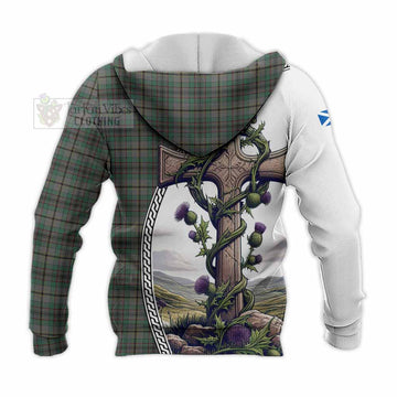 Craig Tartan Knitted Hoodie with Family Crest and St. Andrew's Cross Accented by Thistle Vines