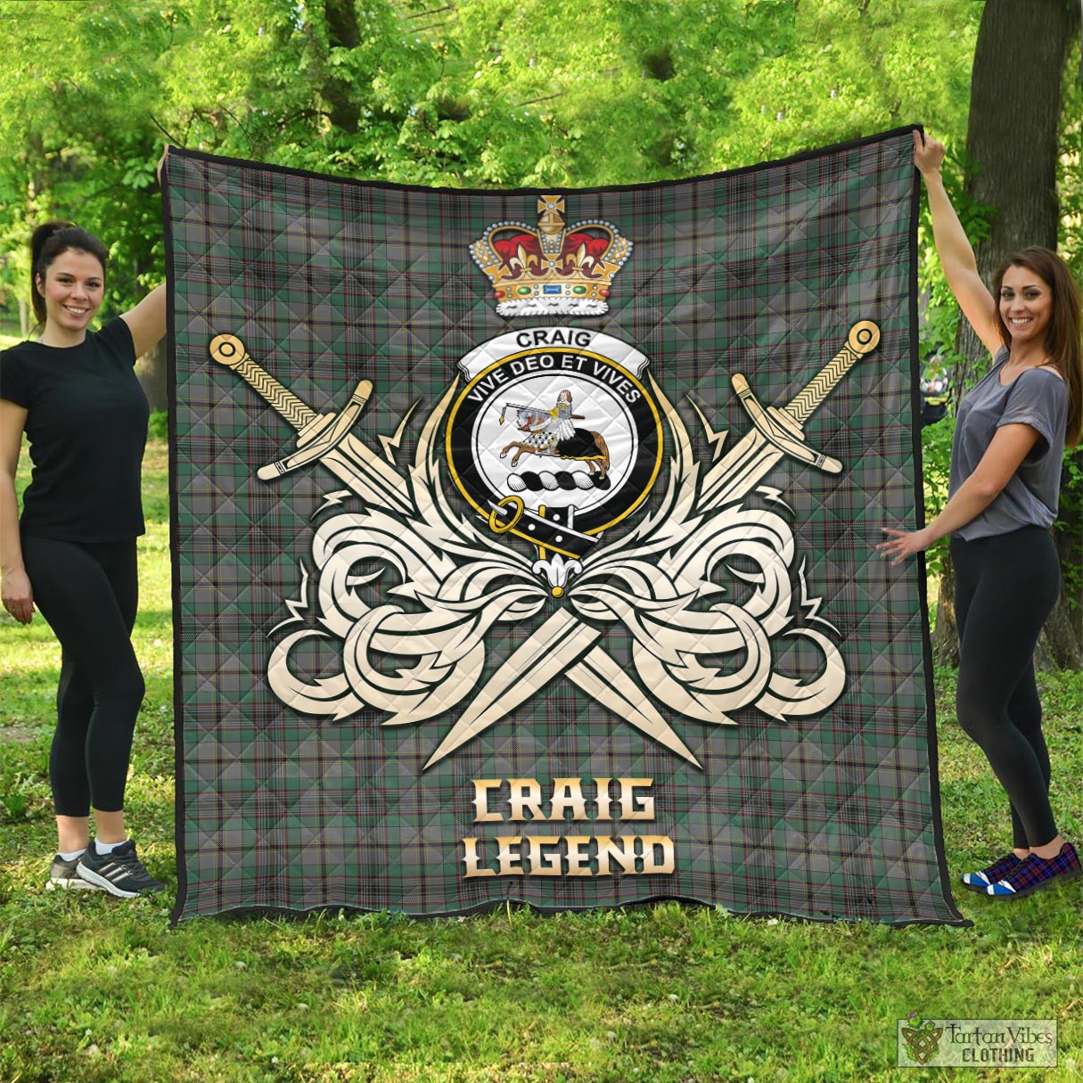 Tartan Vibes Clothing Craig Tartan Quilt with Clan Crest and the Golden Sword of Courageous Legacy