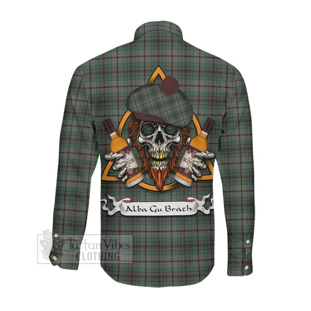 Tartan Vibes Clothing Craig Tartan Long Sleeve Button Shirt with Family Crest and Bearded Skull Holding Bottles of Whiskey