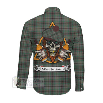 Craig Tartan Long Sleeve Button Shirt with Family Crest and Bearded Skull Holding Bottles of Whiskey