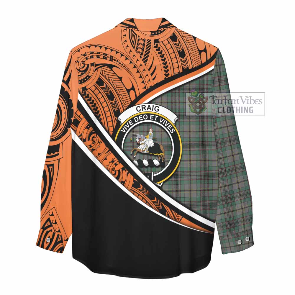 Tartan Vibes Clothing Craig Crest Tartan Women's Casual Shirt with Maori Tattoo Style - Orange Version