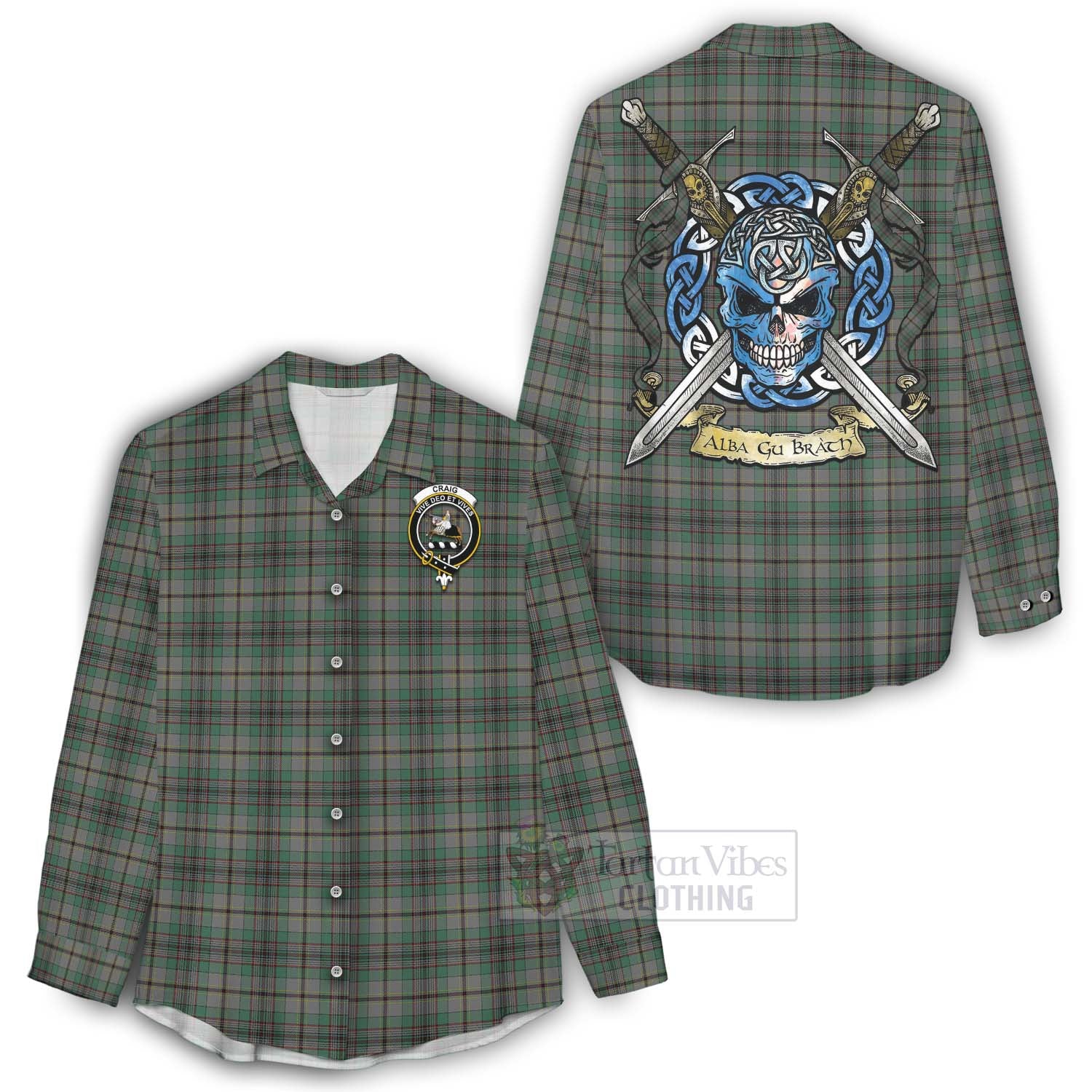 Tartan Vibes Clothing Craig Tartan Women's Casual Shirt with Family Crest Celtic Skull Style