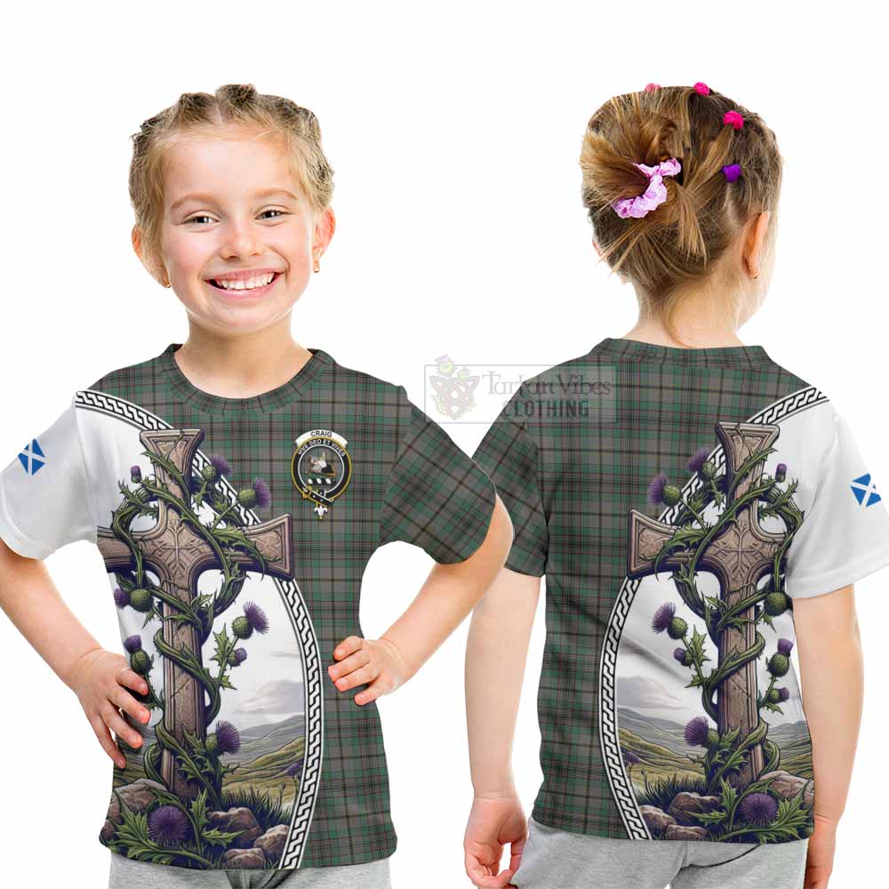 Tartan Vibes Clothing Craig Tartan Kid T-Shirt with Family Crest and St. Andrew's Cross Accented by Thistle Vines