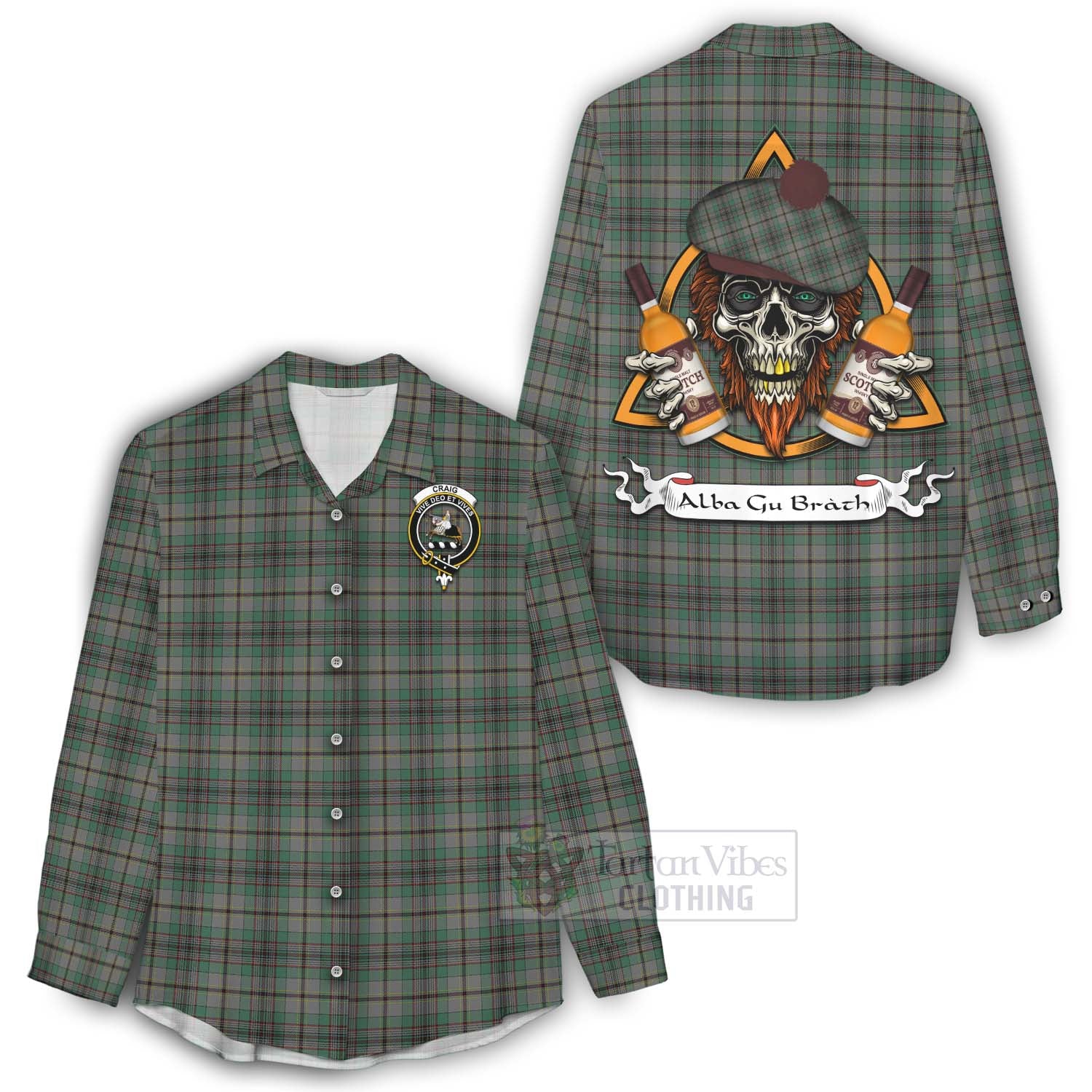 Tartan Vibes Clothing Craig Tartan Women's Casual Shirt with Family Crest and Bearded Skull Holding Bottles of Whiskey