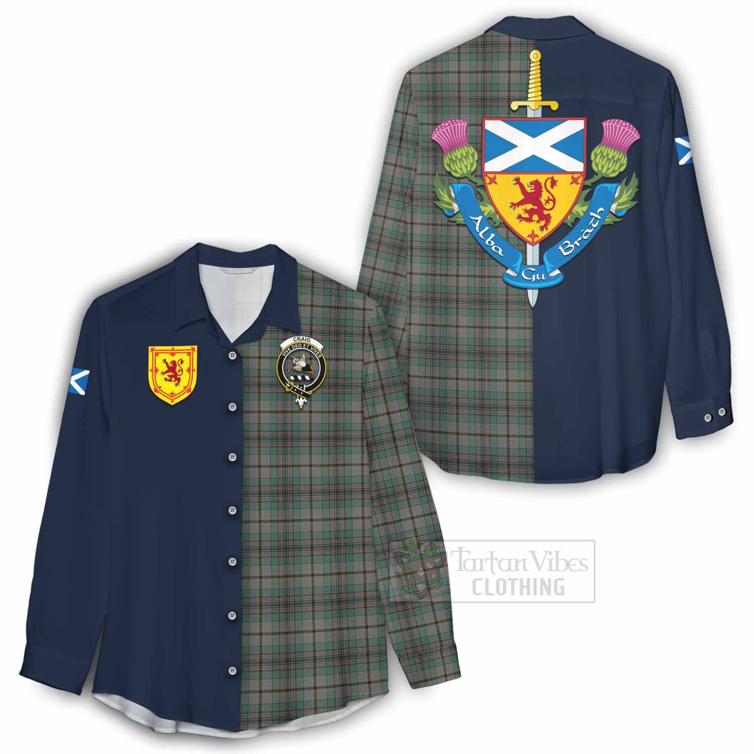 Tartan Vibes Clothing Craig Tartan Women's Casual Shirt Alba with Scottish Lion Royal Arm Half Style