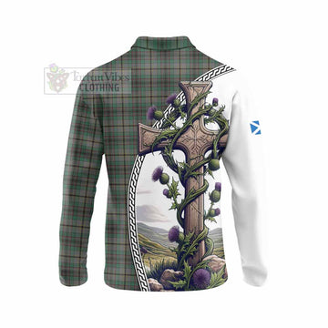 Craig Tartan Long Sleeve Polo Shirt with Family Crest and St. Andrew's Cross Accented by Thistle Vines