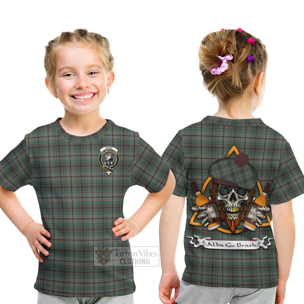 Tartan Vibes Clothing Craig Tartan Kid T-Shirt with Family Crest and Bearded Skull Holding Bottles of Whiskey