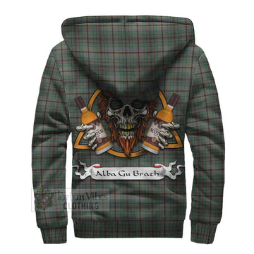 Craig Tartan Sherpa Hoodie with Family Crest and Bearded Skull Holding Bottles of Whiskey