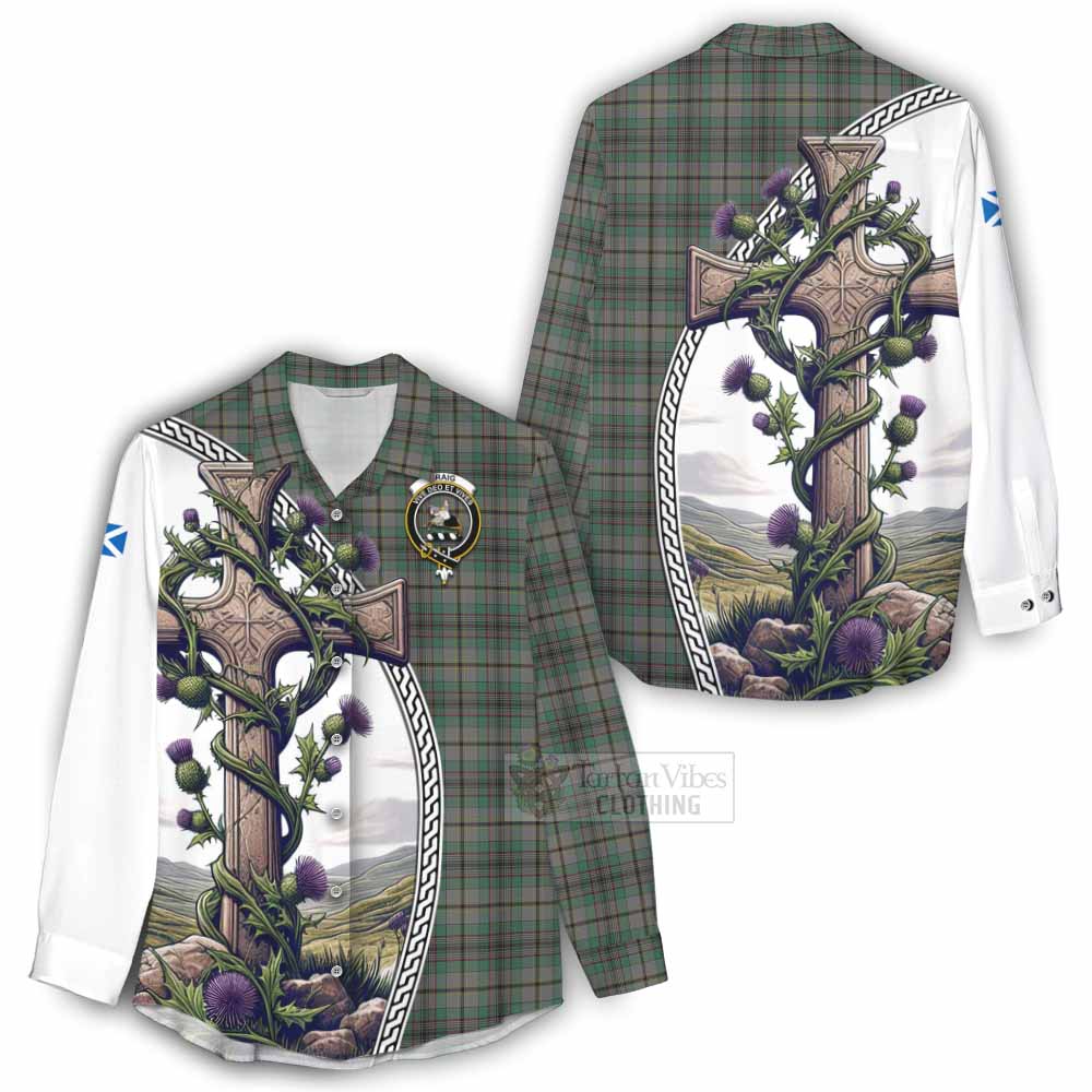 Tartan Vibes Clothing Craig Tartan Women's Casual Shirt with Family Crest and St. Andrew's Cross Accented by Thistle Vines