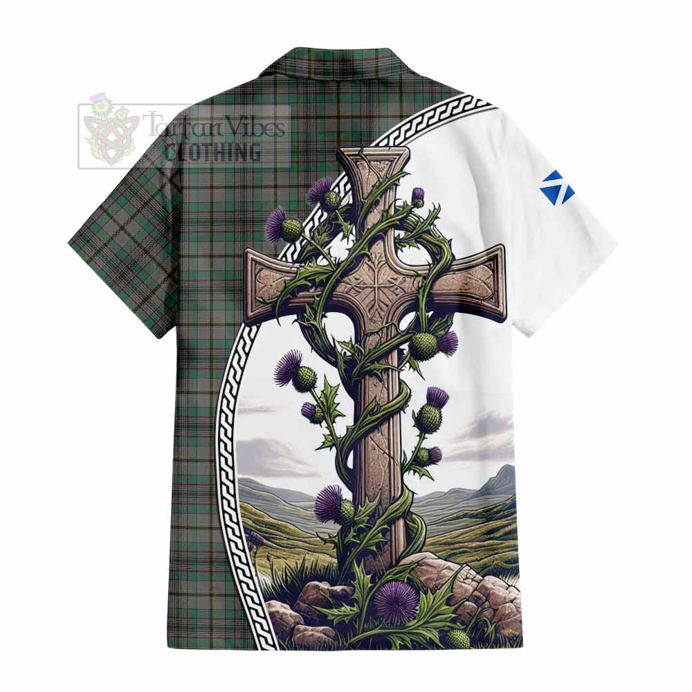 Tartan Vibes Clothing Craig Tartan Short Sleeve Button Shirt with Family Crest and St. Andrew's Cross Accented by Thistle Vines