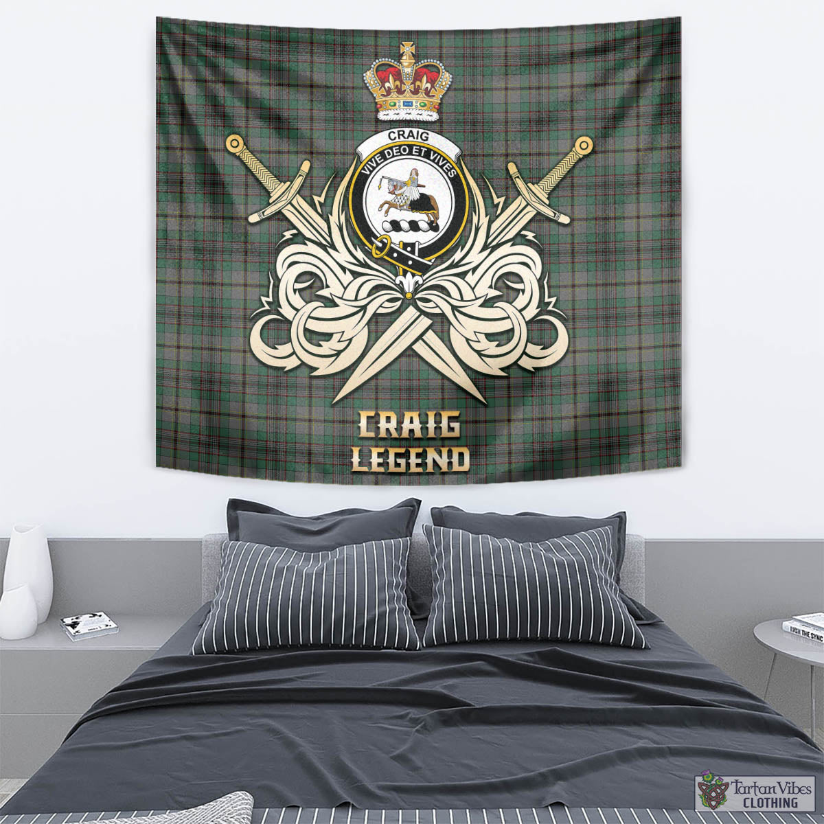 Tartan Vibes Clothing Craig Tartan Tapestry with Clan Crest and the Golden Sword of Courageous Legacy